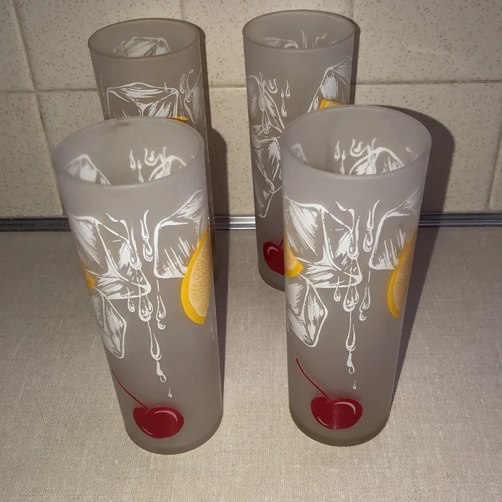 VINTAGE TOM COLLINS FROSTED SLIM TALL LEMON & CHERRY SET‎ OF 4 GLASSES